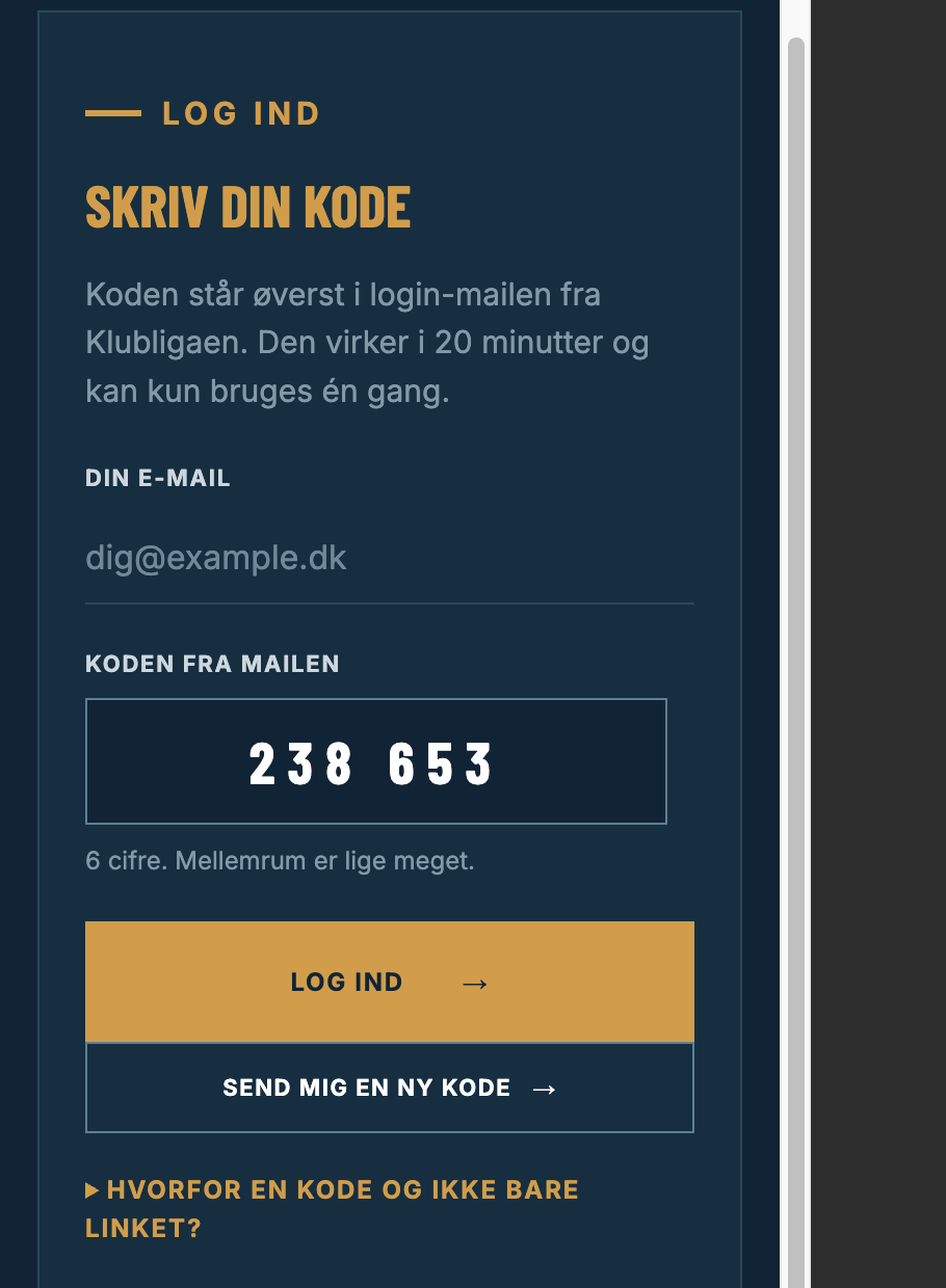 Kodefeltet, hvor du skriver de seks cifre fra mailen
